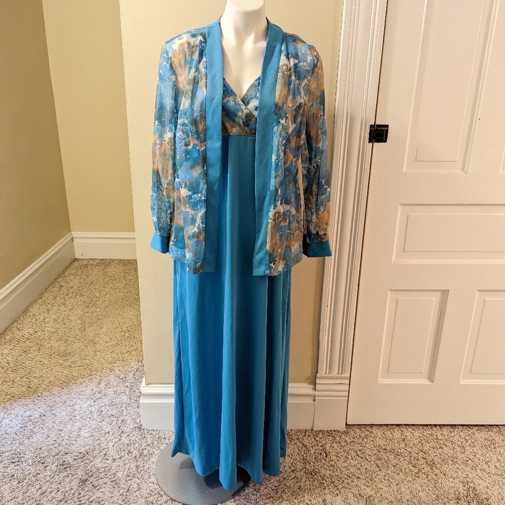 Vintage blue tank dress with sheer water color over coat size 16